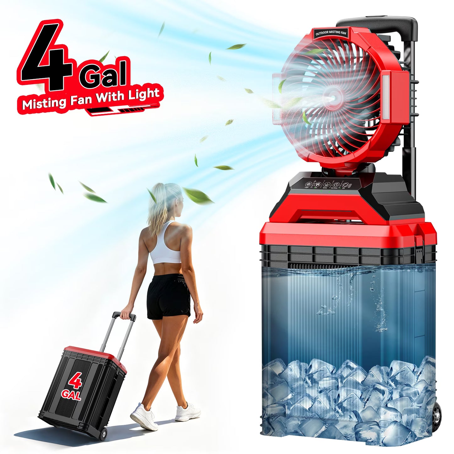 Portable Misting Fan - 4 Gal Large Outdoor Fans, 4 Floor Water Cooling Fan, Retractable Handle, 4 Spray Mister, Oscillating Camping Fan, for Patios/Camping/Beach/Golf Etc