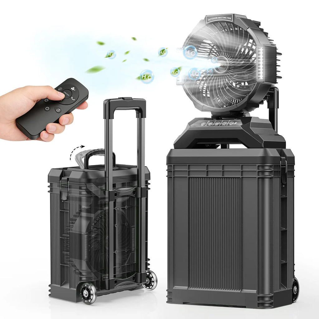 Sprzair 4Gal Rechargeable Misting Bucket Portable Fan, 40000Mah Cordless Unit with Retractable Handle, Full Remote Control, Oscillating Design for Outdoor Adventures (Patio, Camping)