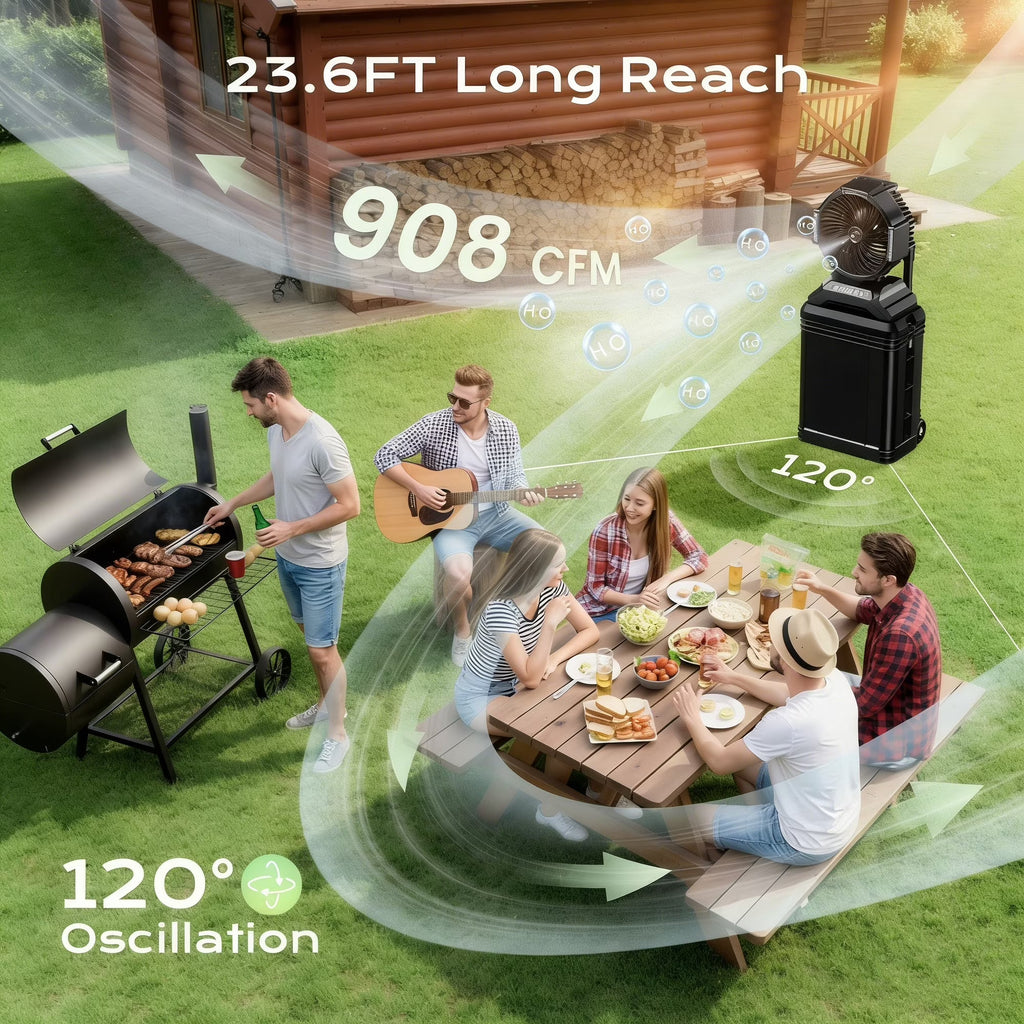 Portable Misting Fan - 4 Gal Large Outdoor Fans, 4 Floor Water Cooling Fan, Retractable Handle, 4 Spray Mister, Oscillating Camping Fan, for Patios/Camping/Beach/Golf Etc