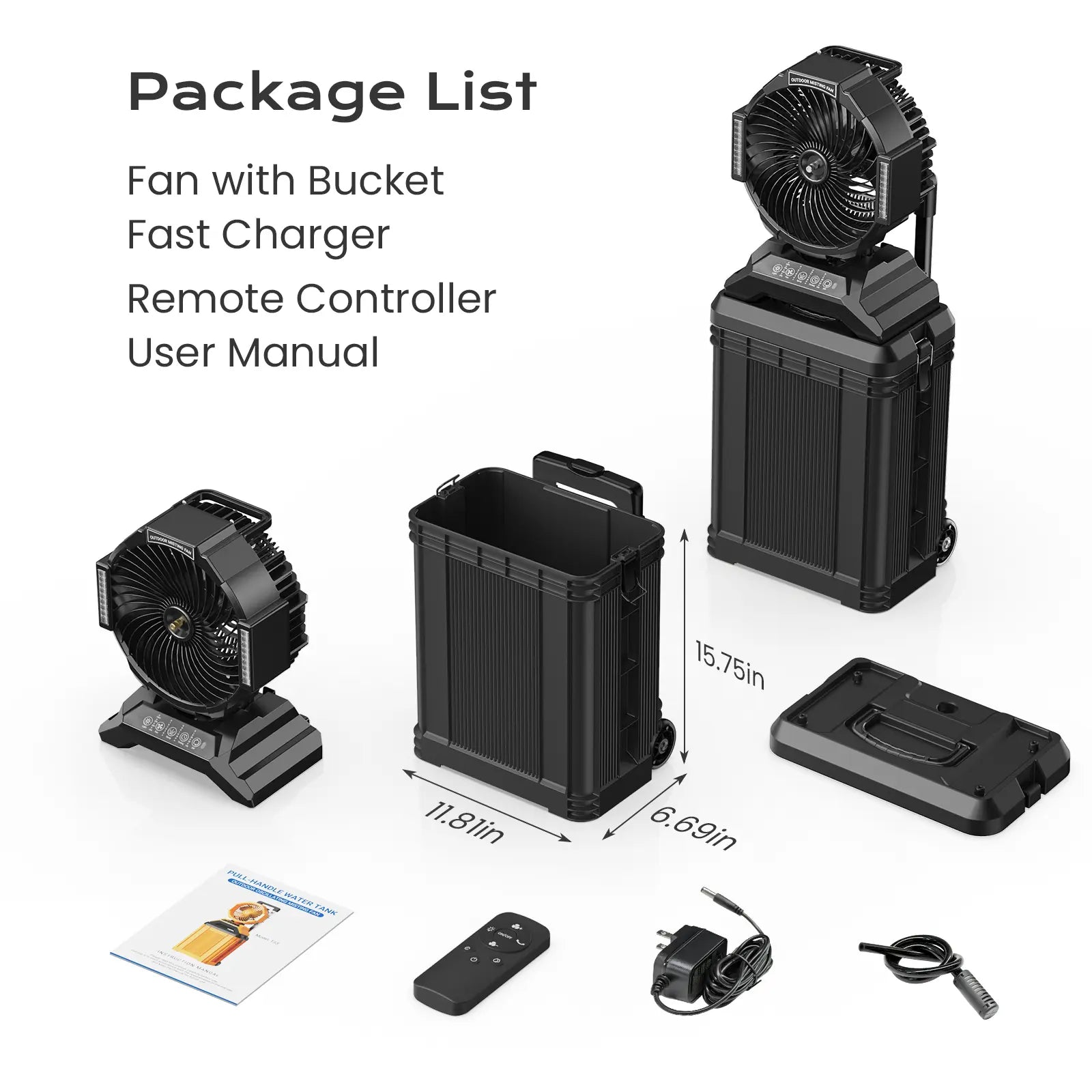 Sprzair 4Gal Rechargeable Misting Bucket Portable Fan, 40000Mah Cordless Unit with Retractable Handle, Full Remote Control, Oscillating Design for Outdoor Adventures (Patio, Camping)