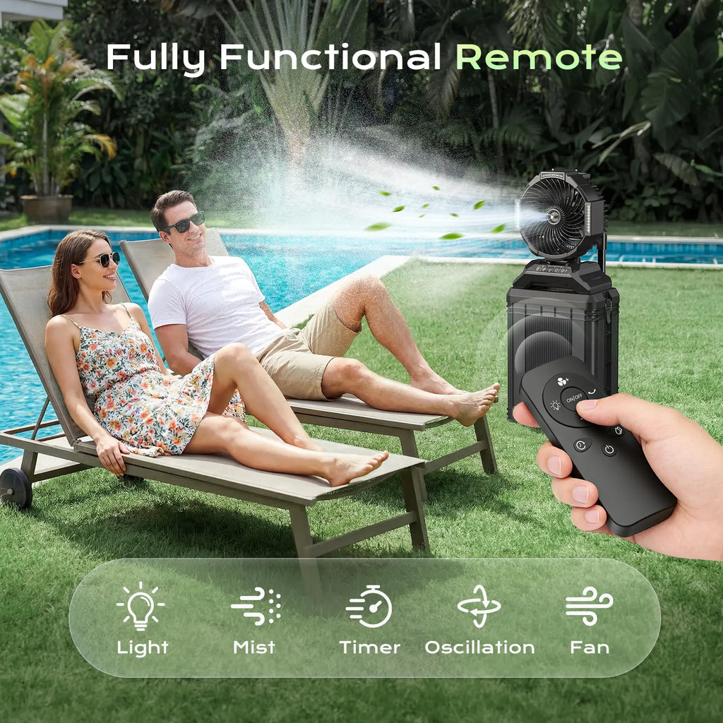 Sprzair 4Gal Rechargeable Misting Bucket Portable Fan, 40000Mah Cordless Unit with Retractable Handle, Full Remote Control, Oscillating Design for Outdoor Adventures (Patio, Camping)