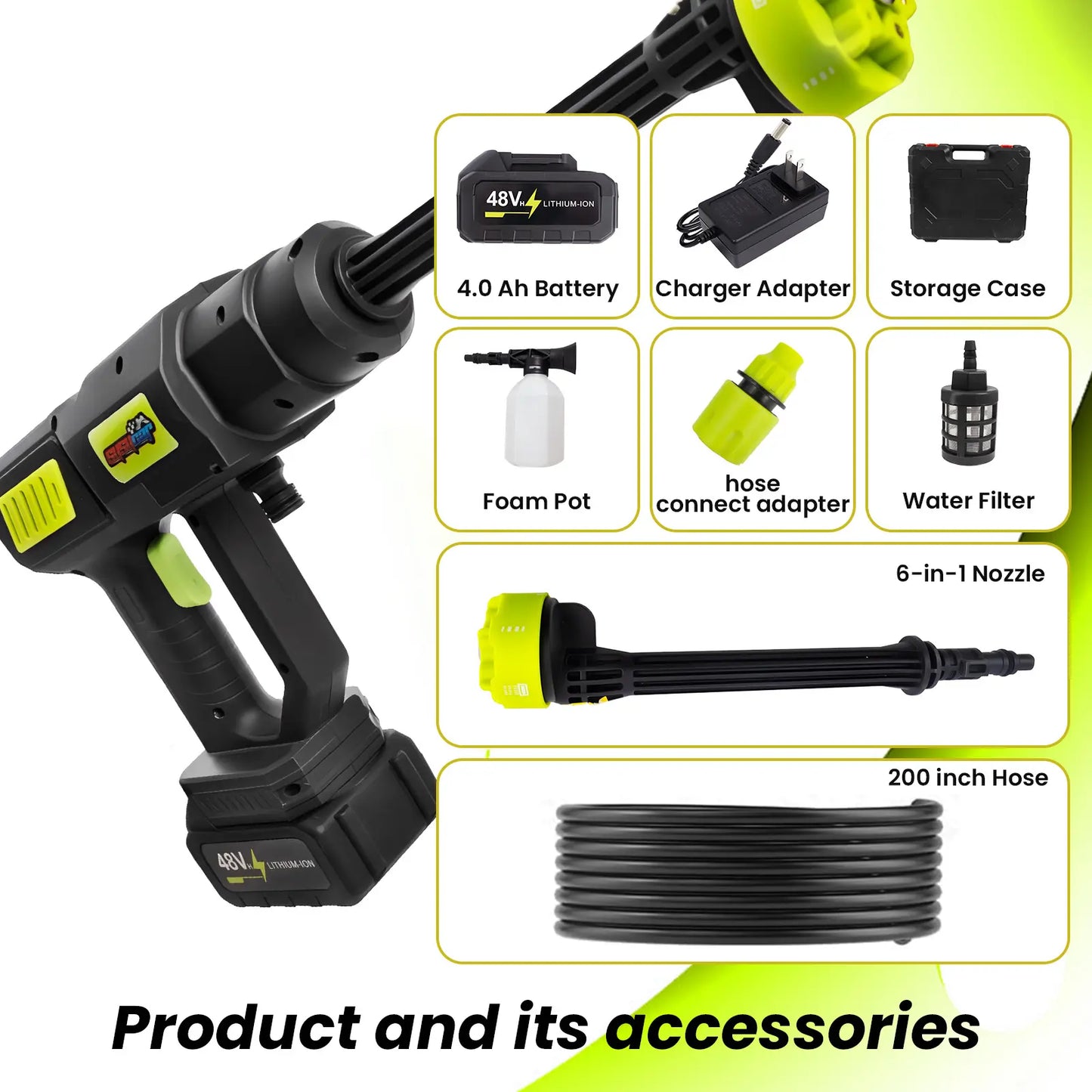 Cordless Pressure Washer, Powerful 30Bar Car Washer with Filter, 180° Nozzle, 6-In-1 Spray for Home Outdoor Cleaning, Cordless Pressure Washer for RV, Boat, Garden, Window, Doors