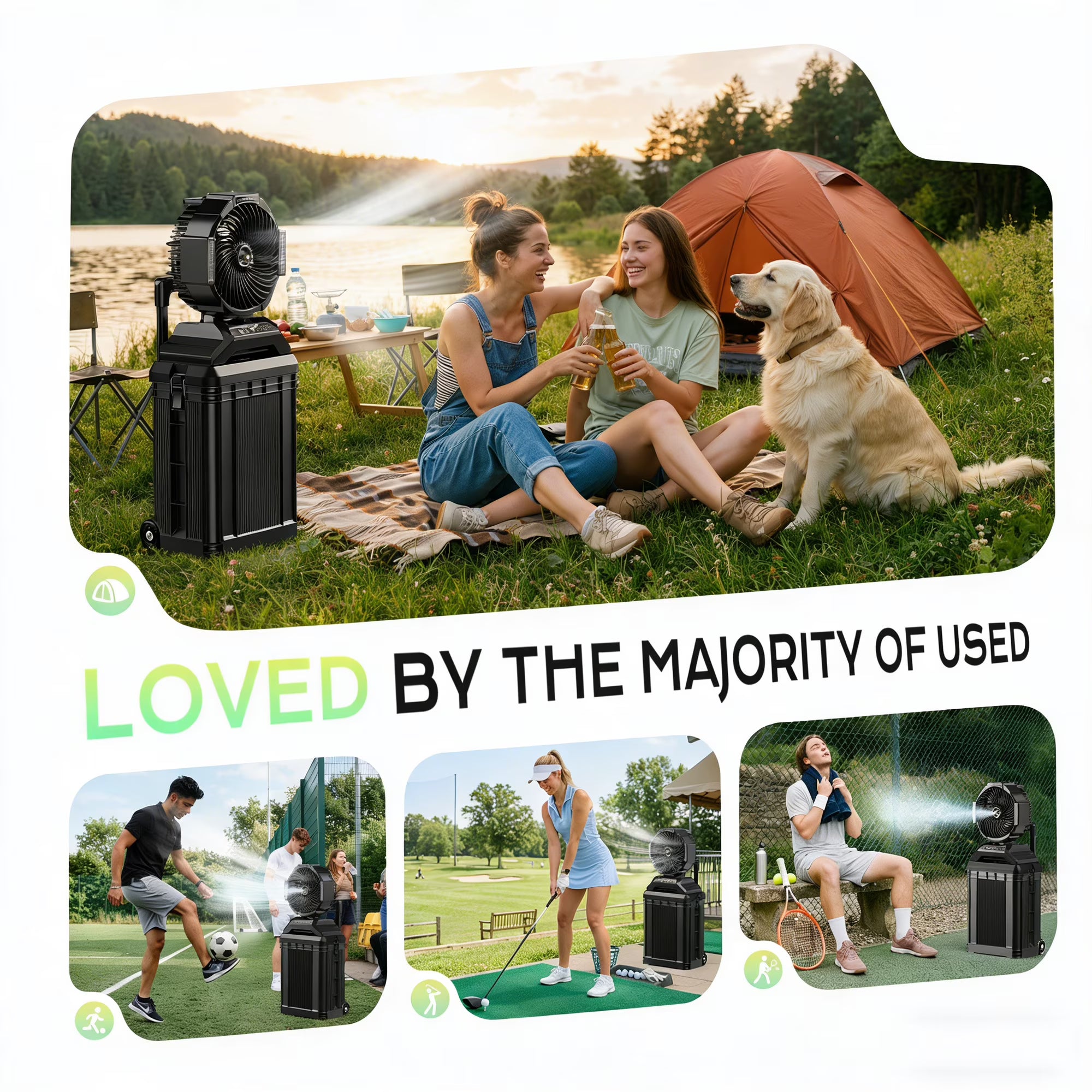 Portable Misting Fan - 4 Gal Large Outdoor Fans, 4 Floor Water Cooling Fan, Retractable Handle, 4 Spray Mister, Oscillating Camping Fan, for Patios/Camping/Beach/Golf Etc