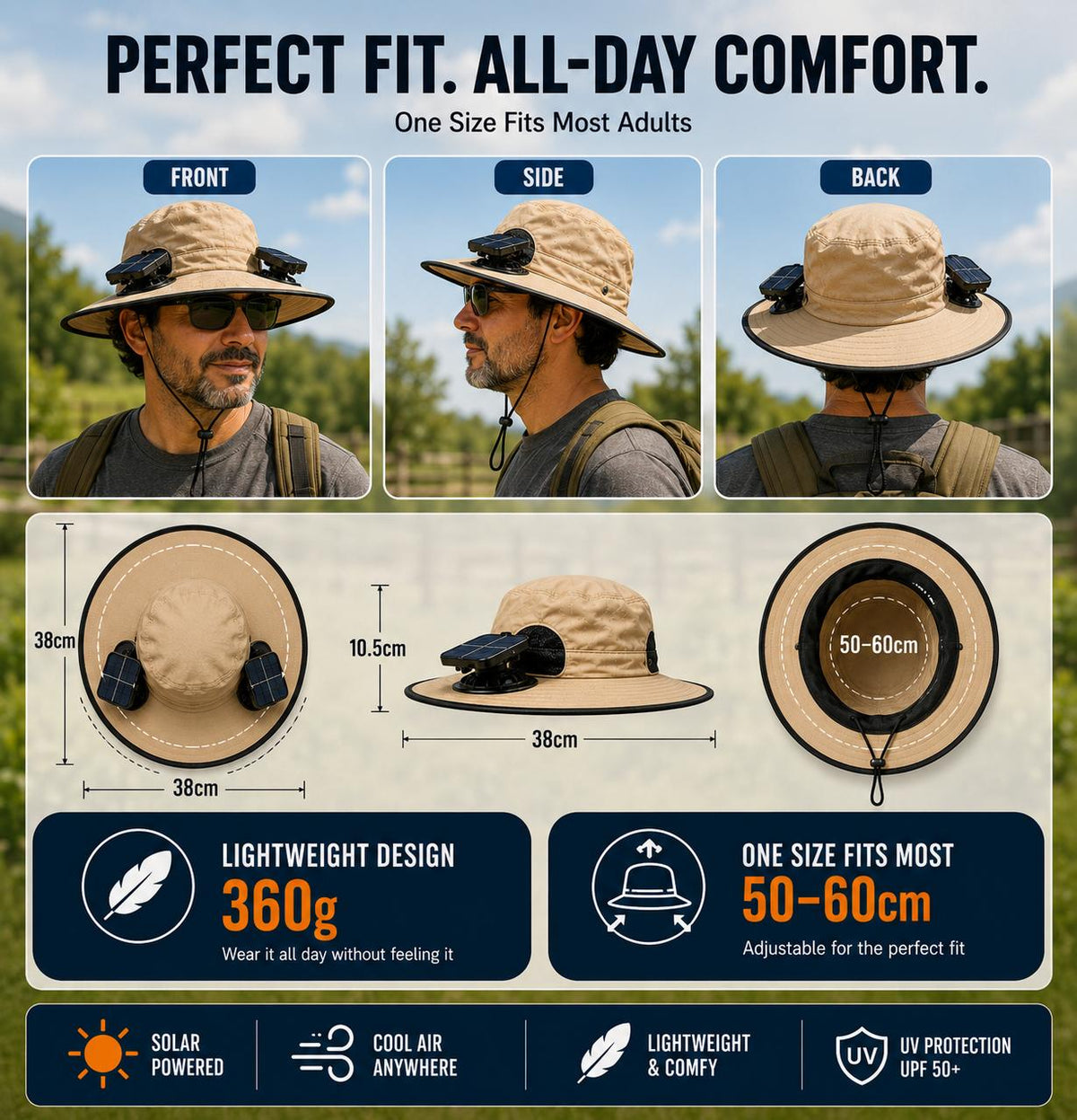 2026 Upgraded Solar Powered Cooling Hat with Mist Spray - Wide Brim Sun Protection Hat with Fan for Men Women, Outdoor Ventilated Cap for Fishing Hiking Camping, Ideal Dad Gift 2026 Tiktokshopspringglowup Tiktokshopspringglowup