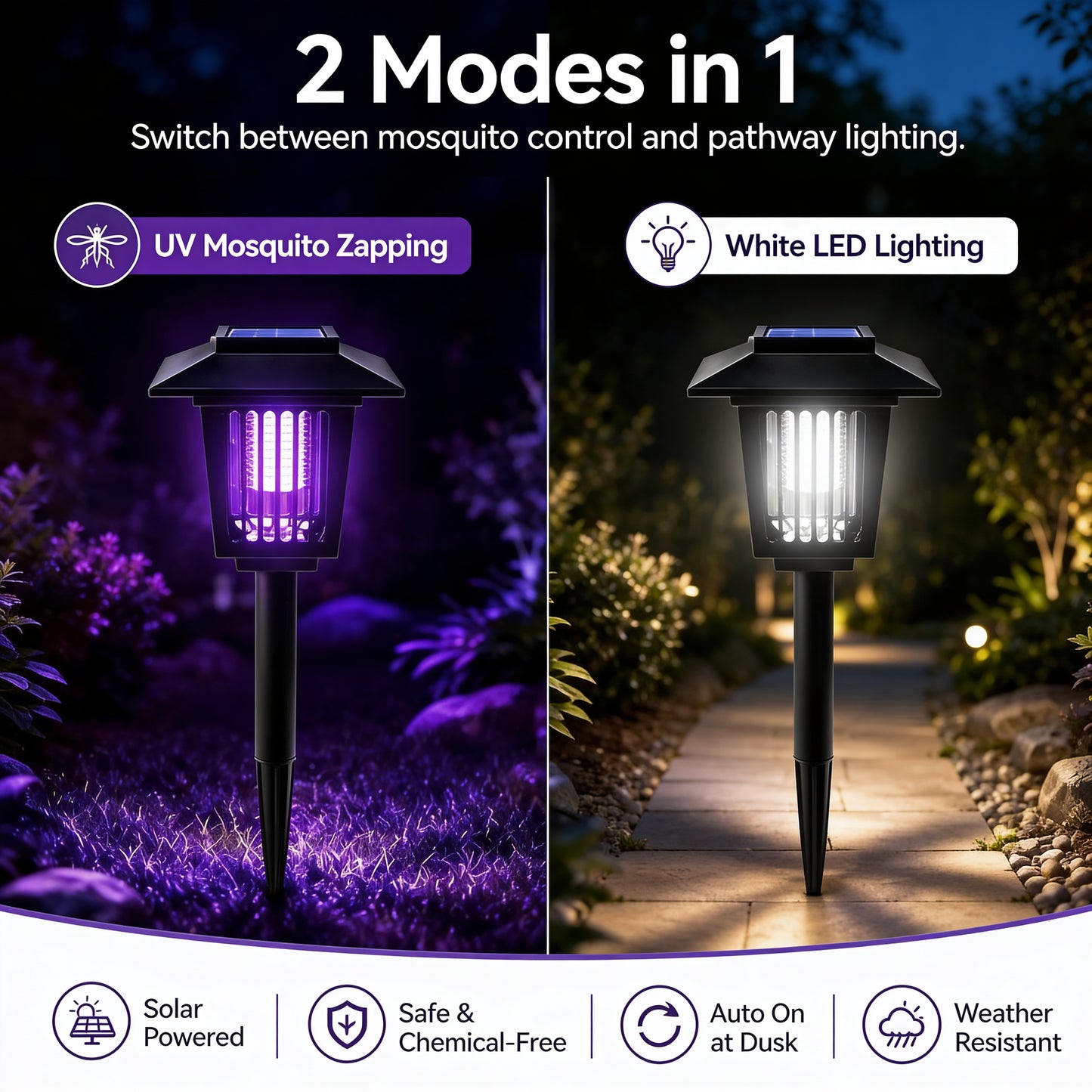 Solar Mosquito Zapper Light [2 pack]– Outdoor Garden Stake Lamp, UV Insect Killer, Solar Powered, Dual Mode (Mosquito Control + Pathway Lighting), Weather Resistant, Easy Setup, Small & Large round + Square Options