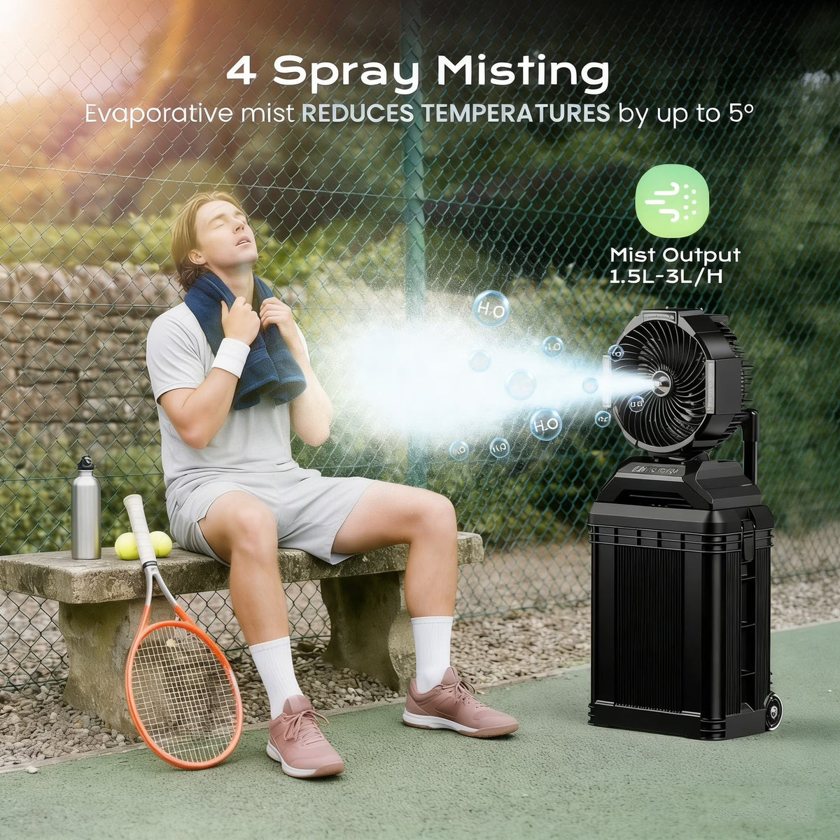 Portable Misting Fan - 4 Gal Large Outdoor Fans, 4 Floor Water Cooling Fan, Retractable Handle, 4 Spray Mister, Oscillating Camping Fan, for Patios/Camping/Beach/Golf Etc