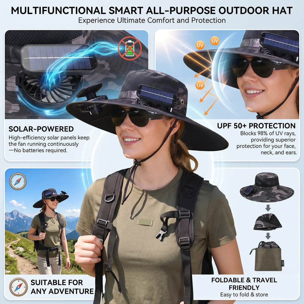 2026 Upgraded Solar Powered Cooling Hat with Mist Spray - Wide Brim Sun Protection Hat with Fan for Men Women, Outdoor Ventilated Cap for Fishing Hiking Camping, Ideal Dad Gift 2026 Tiktokshopspringglowup Tiktokshopspringglowup