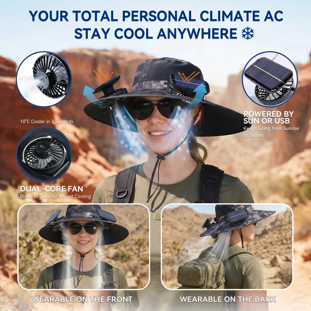 2026 Upgraded Solar Powered Cooling Hat with Mist Spray - Wide Brim Sun Protection Hat with Fan for Men Women, Outdoor Ventilated Cap for Fishing Hiking Camping, Ideal Dad Gift 2026 Tiktokshopspringglowup Tiktokshopspringglowup