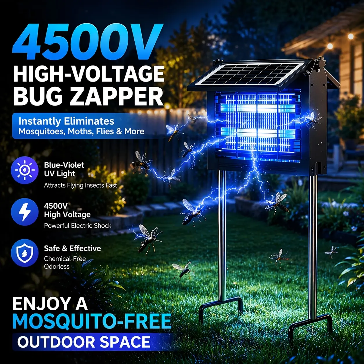 Solar Bug Zapper Outdoor, 4500V Electric Mosquito Zapper with Dual Solar Panels & USB Charging, Auto On/Off Mosquito Killer, IPX5 Waterproof Fly Trap for Backyard Patio Garden Camping