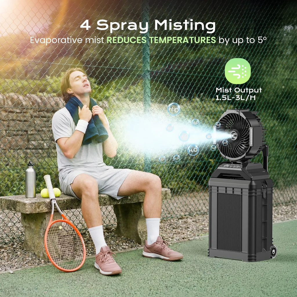 Sprzair 4Gal Rechargeable Misting Bucket Portable Fan, 40000Mah Cordless Unit with Retractable Handle, Full Remote Control, Oscillating Design for Outdoor Adventures (Patio, Camping)
